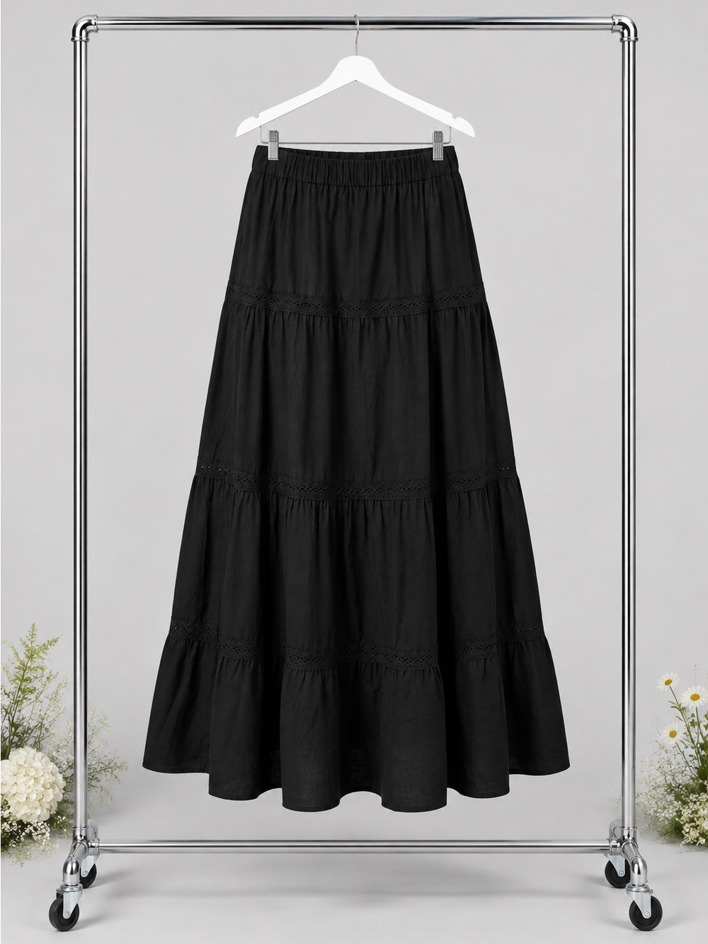Source Unknown Black Tiered Maxi Skirt